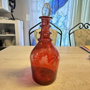 Victorian Dip Moulded Engraved Ruby Glass Decanter With Stopper